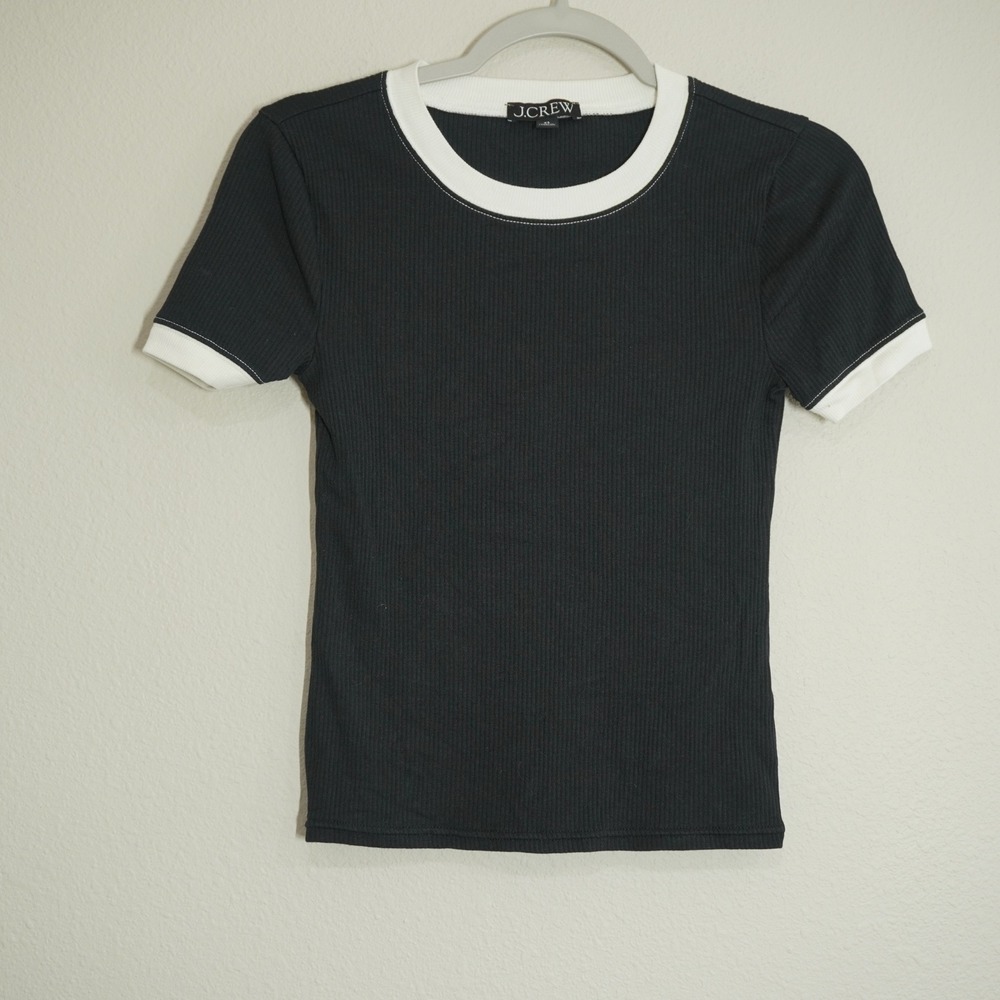 J.Crew XS Ringer T-Shirt Womens Black Excellent Ribbed Cotton Modal BY369